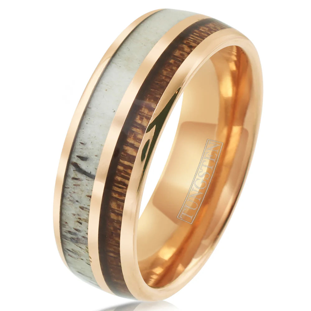 New - Rose Gold Tungsten Ring with Hawaiian Koa Wood and Deer
