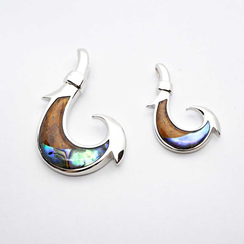 Sterling Silver Fishhook Koa Wood Abalone Pendant (FREE Stainless Chain Included) 22 Inch / Large