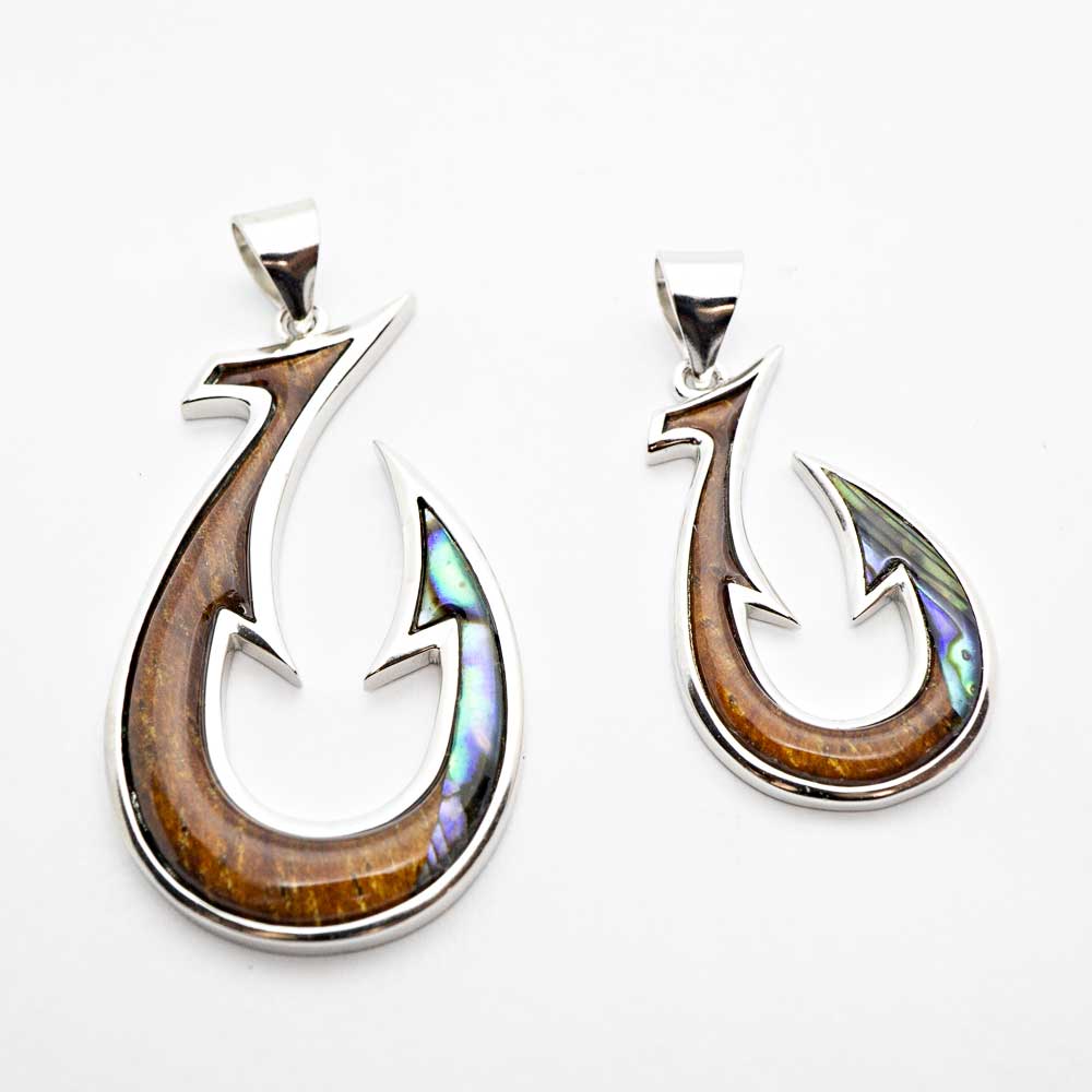 Fishhook Koa Wood Abalone Pendant (FREE Stainless Chain Included) 16 Inch / Small