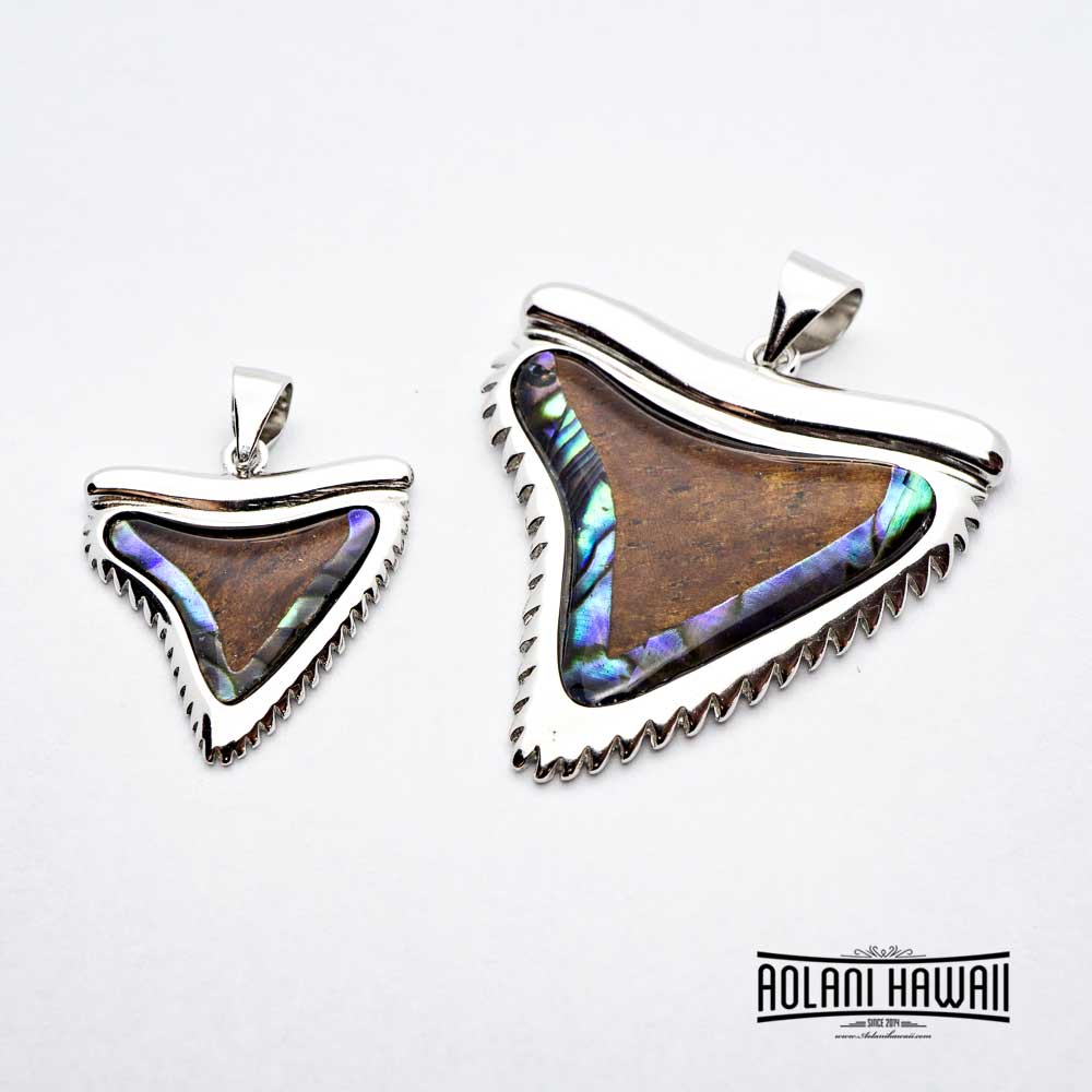 Silver Shark Tooth Koa Wood Abalone Pendant  (FREE Stainless Chain Included)