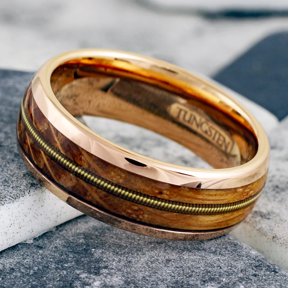 NEW - Rose Gold Tungsten Ring with Guitar String and Whiskey