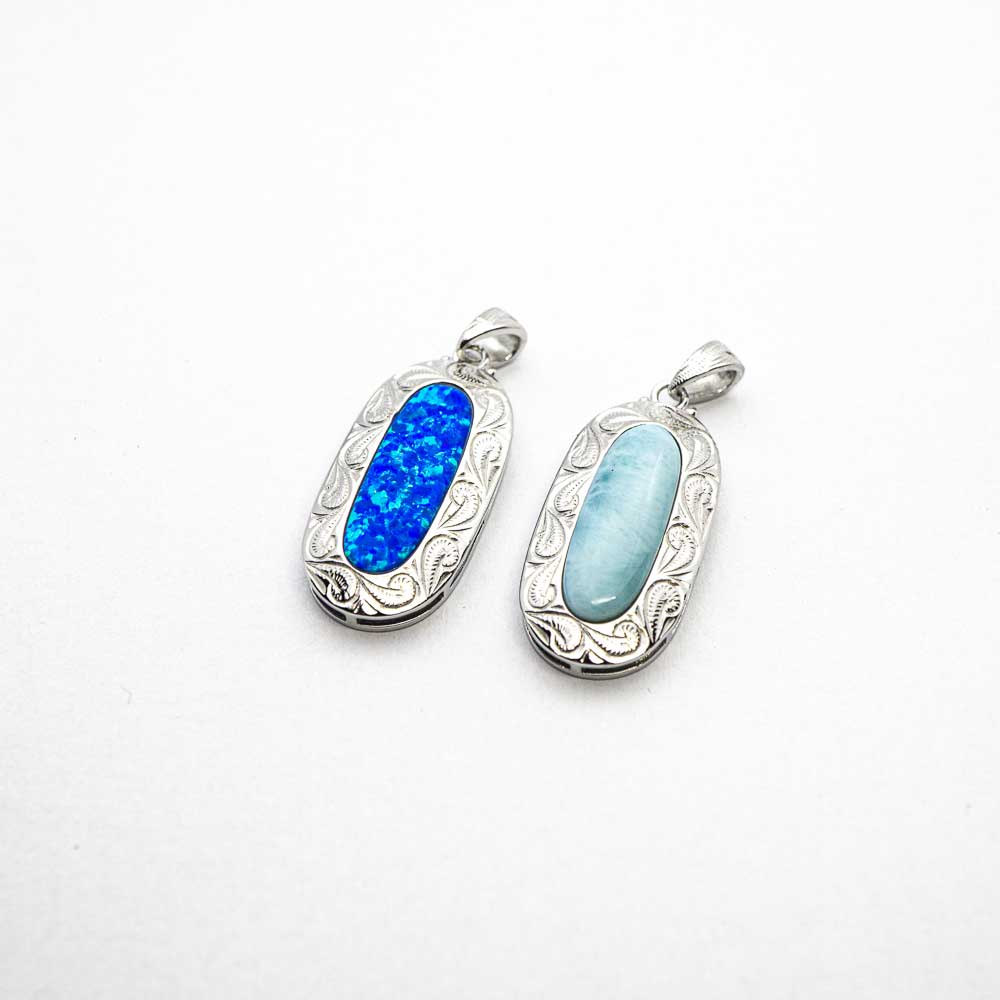 Hawaiian Design Blue Opal / Larimar Stone Inlaid Sterling Silver Pendant