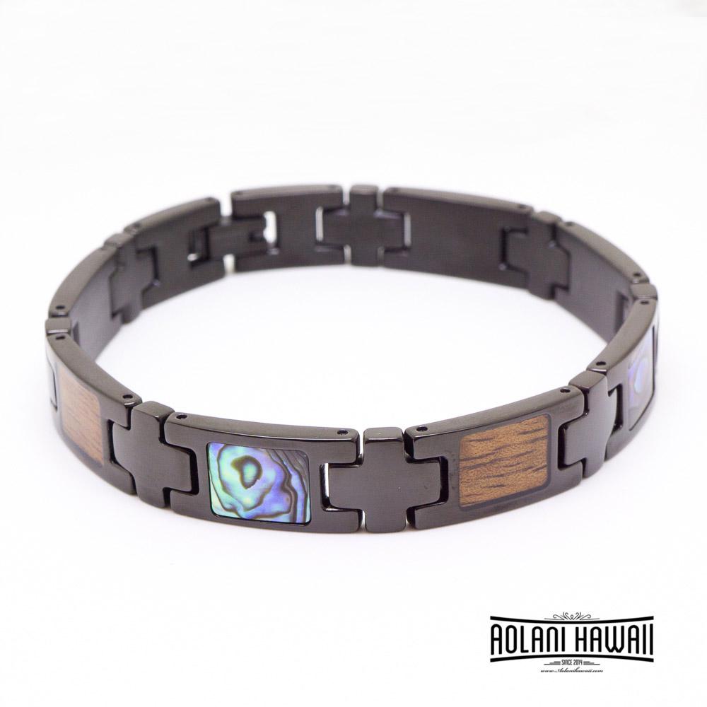Koa Wood Abalone Ion Plated Black Stainless Steel Bracelet