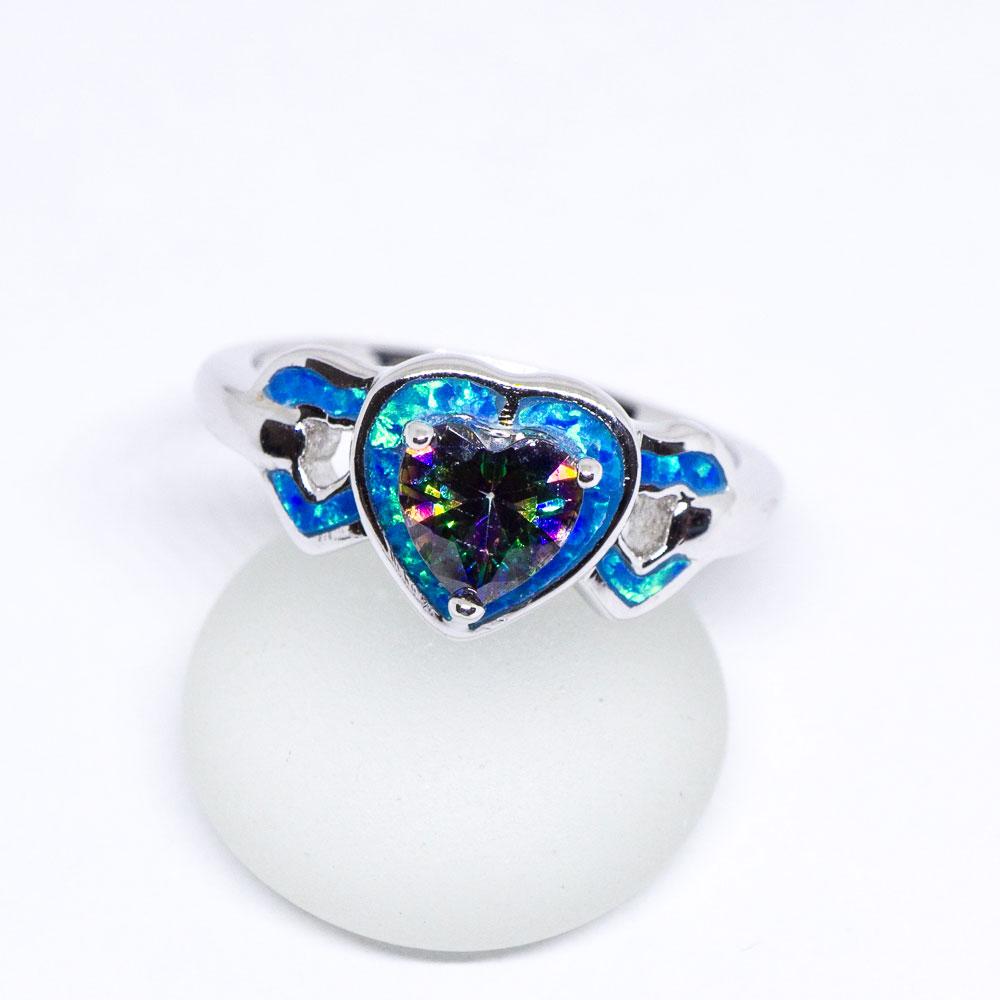 Heart Shape Mystic Topaz and Opal 925 Sterling Silver Inlay Ring