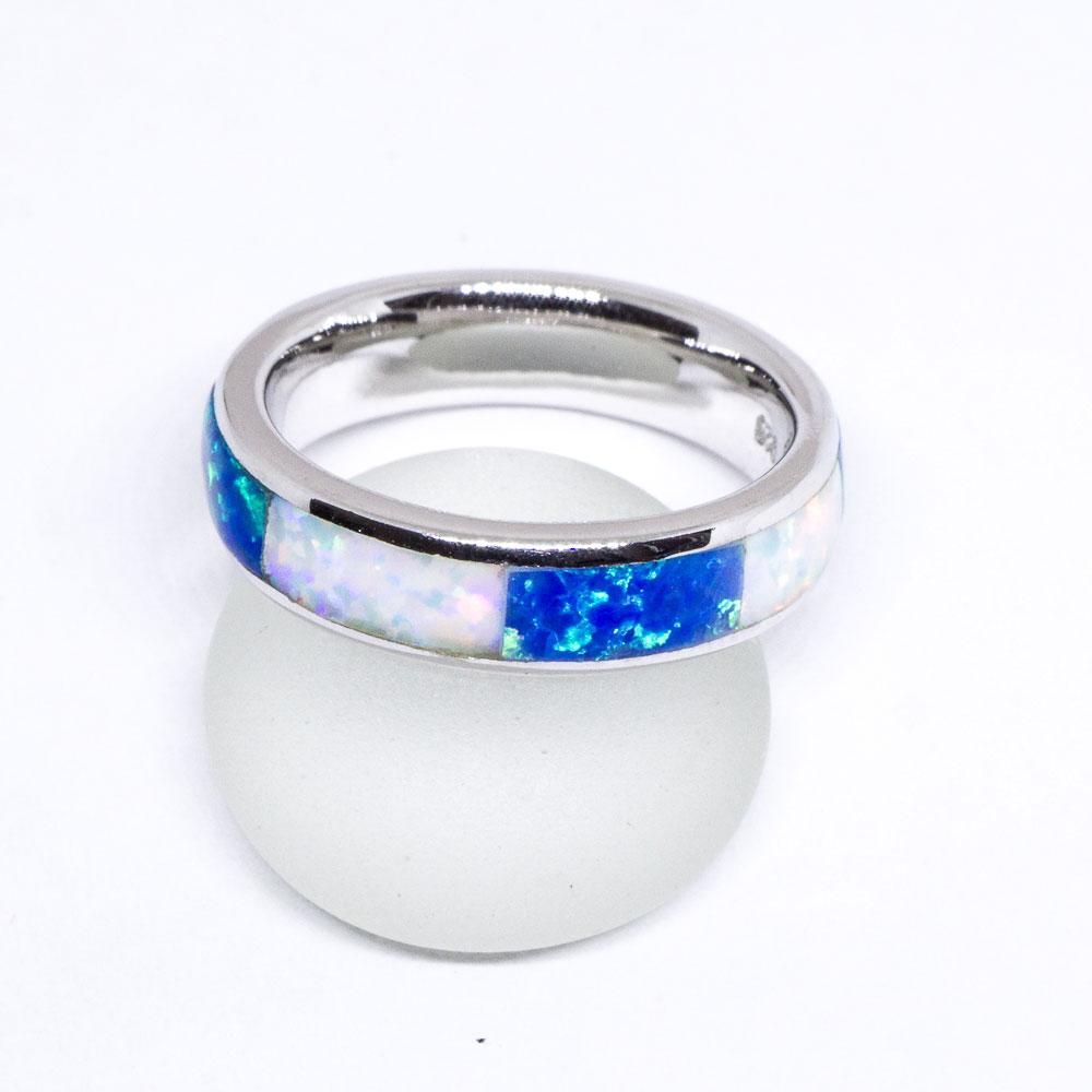 White & Blue Opal 925 Sterling Silver Inlay Ring