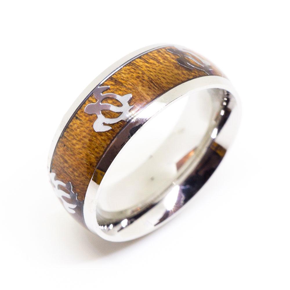 Honu Turtle Stainless Ring with Hawaiian Koa Wood (8mm width, Barrel Style)