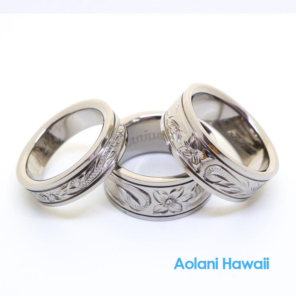 Titanium Ring with Hand engraved Hawaiian Designs (6mm 10mm width, Flat style)