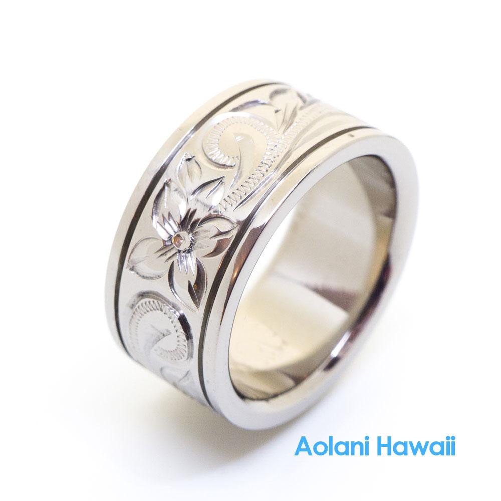 Titanium Ring with Hand engraved Hawaiian Designs (6mm - 10mm width, Flat style)