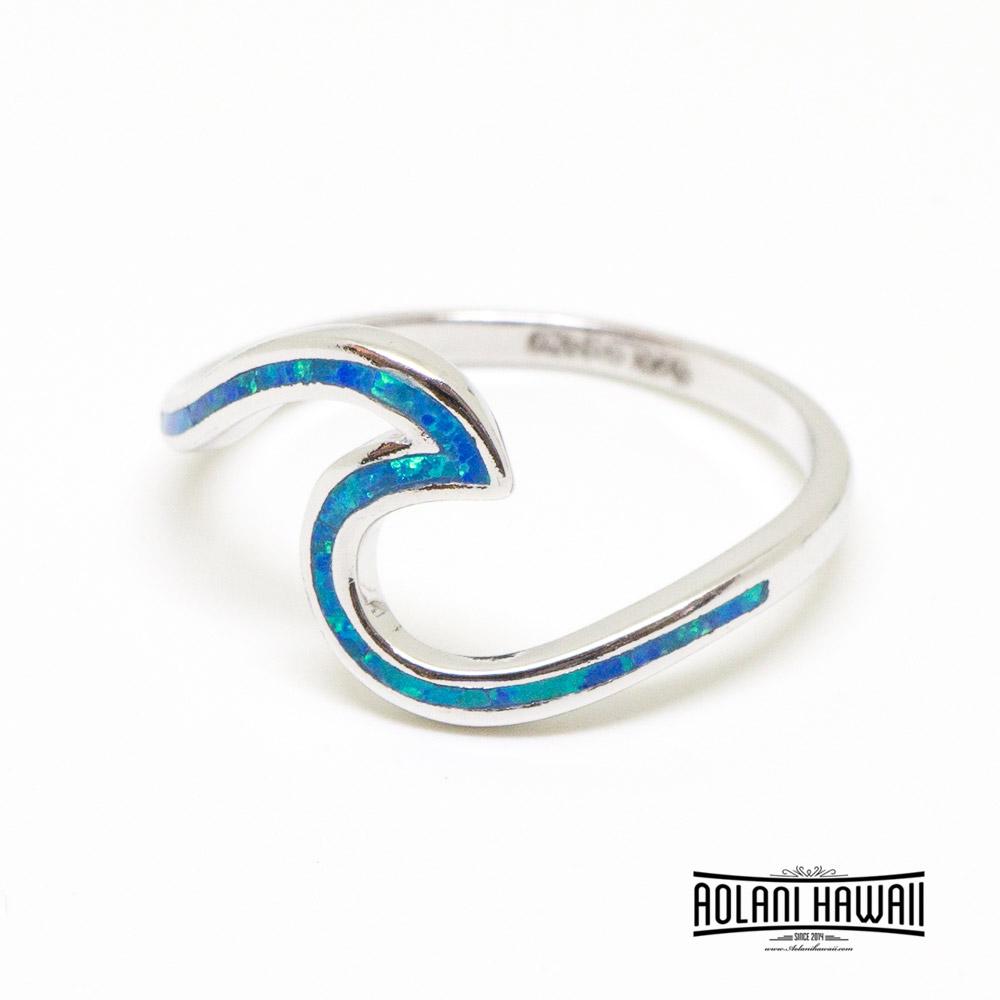 Petite Wave Sterling Silver Ring with Hawaiian Koa Wood, Opal, Mystic Stones Inlay