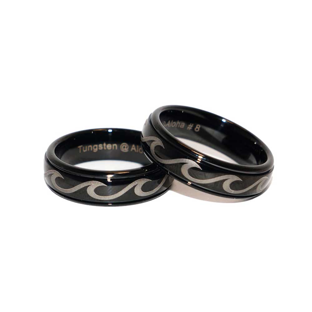 Black Tungsten Ring with Ocean Wave Design