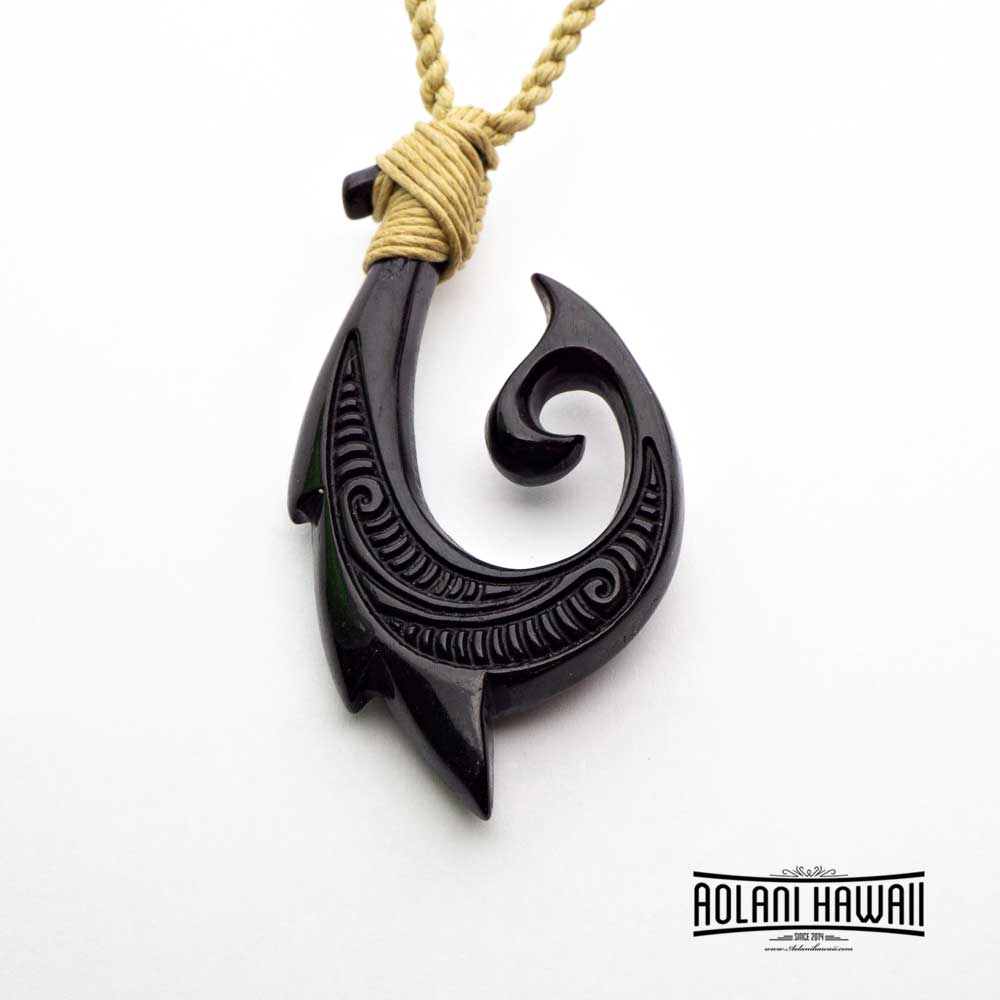 black jade fish hook Handmade Hawaiian Black Buffalo Bone Fishhook Pendant Necklace 14 Inch / Mountain