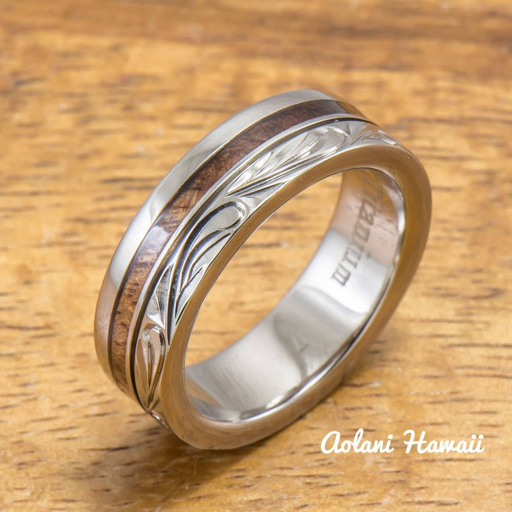 Titanium Wedding Ring Set with Hawaiian Koa Wood Inlay (6mm 8mm