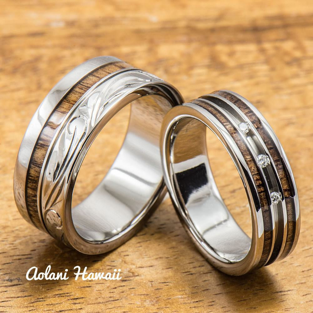 Diamond Titanium Wedding Ring Set with Hawaiian Koa Wood Inlay