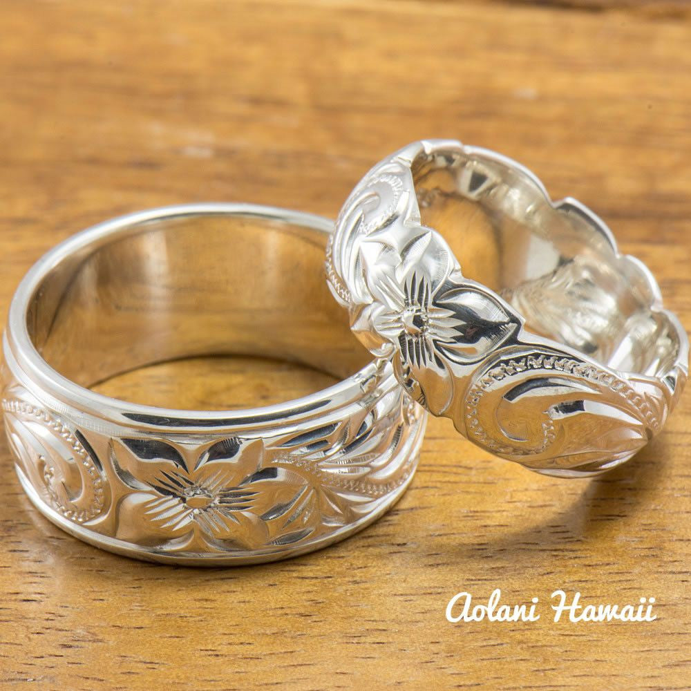 Set of Traditional Hawaiian Hand Engraved Sterling Silver Barrel Rings (10mm & 8mm width, Barrel Style) - Aolani Hawaii - 2
