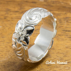 Set of Traditional Hawaiian Hand Engraved Sterling Silver Barrel Rings (10mm & 8mm width, Barrel Style) - Aolani Hawaii - 4