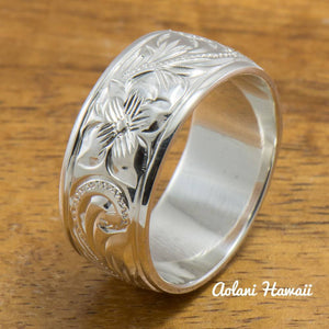 Set of Traditional Hawaiian Hand Engraved Sterling Silver Barrel Rings (10mm & 8mm width, Barrel Style) - Aolani Hawaii - 3