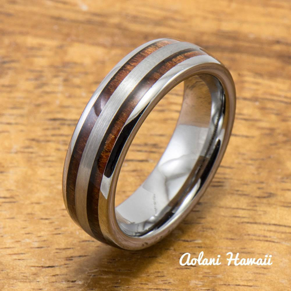 Wedding Band Set of Brushed Tungsten Rings with Koa Wood Inlay (6mm & 8mm width, Barrel Style) - Aolani Hawaii - 3
