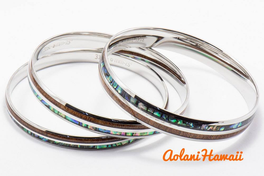 Abalone Koa Wood Bracelet handmade with Stainless Steel (6mm - 10mm width) - Aolani Hawaii - 2