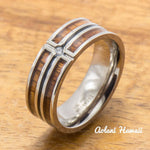 CZ Stone Titanium Ring with Hawaiian Koa Wood Inlay (8 mm width, Flat Style) - Aolani Hawaii