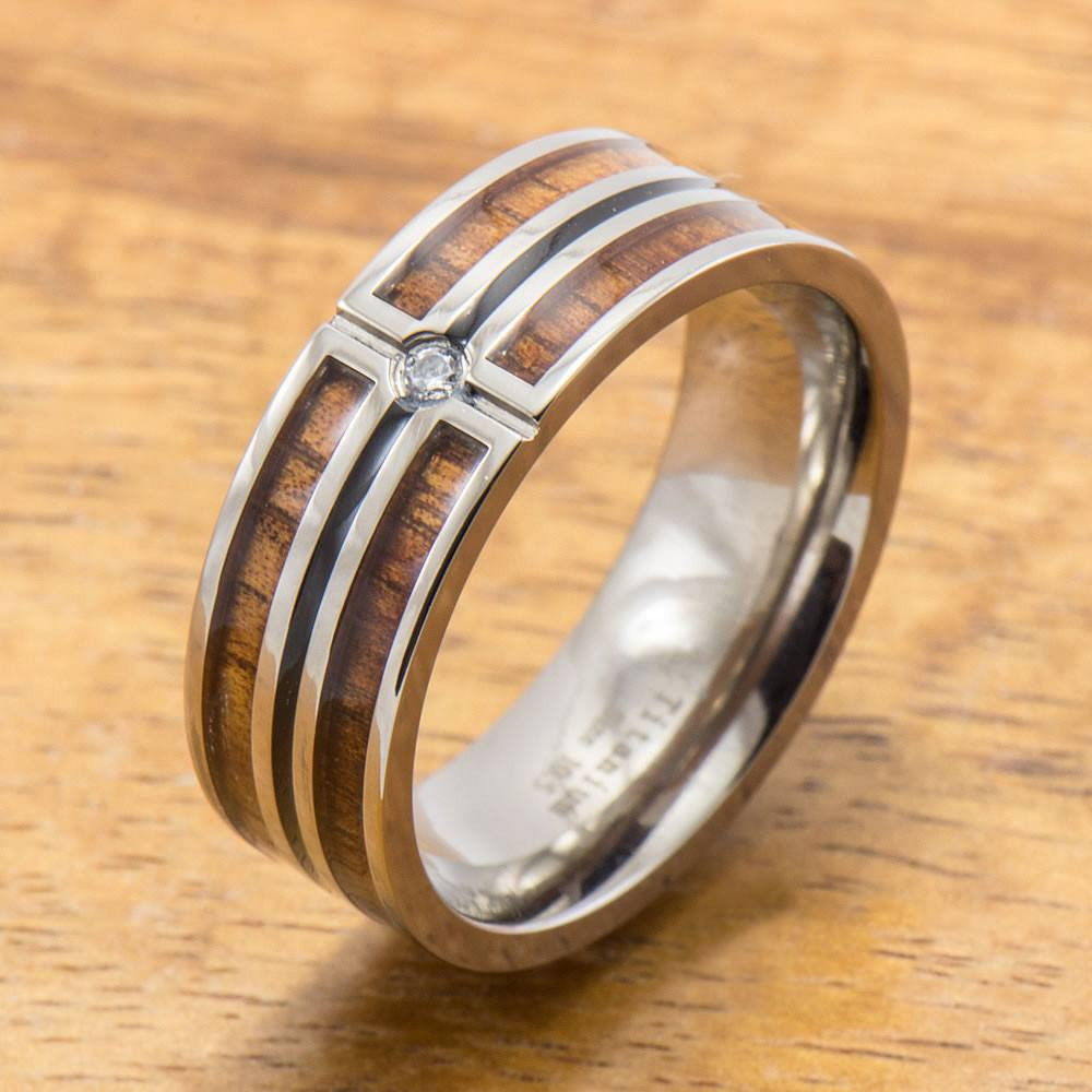 CZ Stone Titanium Ring with Hawaiian Koa Wood Inlay (8 mm width, Flat Style)