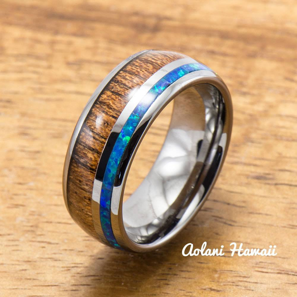 Tungsten Wedding Band Set with Opal and Koa Wood Inlay (6mm - 8mm Width) - Aolani Hawaii - 2