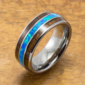 Tungsten Opal Ring With Koa Wood Inlay (8mm Width, Barrel style)