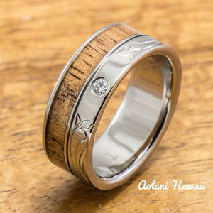 Diamond Titanium Wedding Ring Set with Hawaiian Koa Wood Inlay (8mm - 8mm Width, Flat Style) - Aolani Hawaii - 3