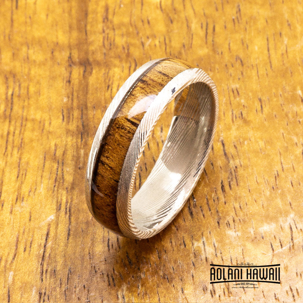 Damascus Steel Ring with Hawaiian Koa Wood (6mm - 8mm width, Barrel Style)