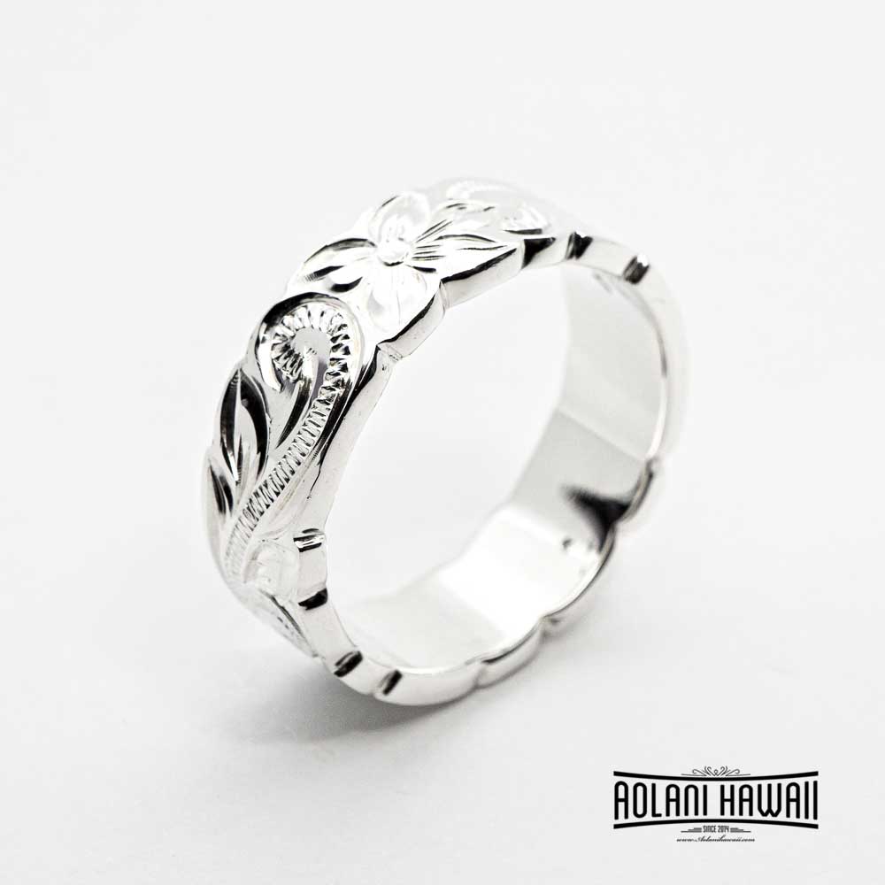 Set of Traditional Hawaiian Hand Engraved Sterling Silver Ring (6mm & 8mm width, Flat Style)