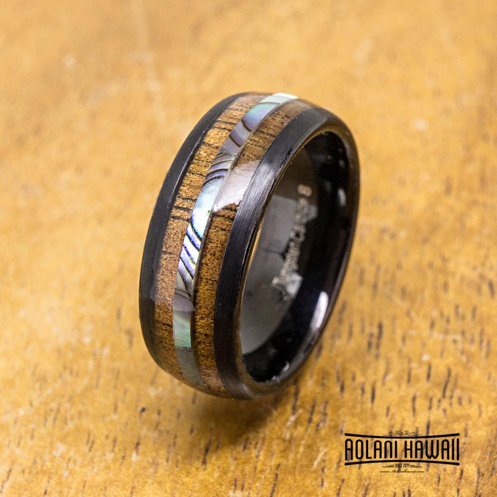 Black Tungsten Ring with Abalone with Koa Wood Inlay