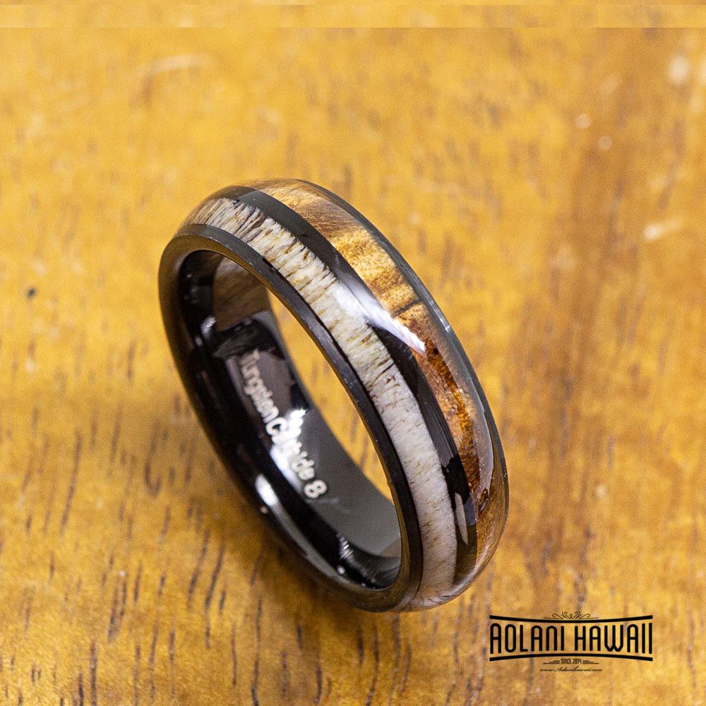 Black Antler Tungsten Ring with Koa Wood Inlay