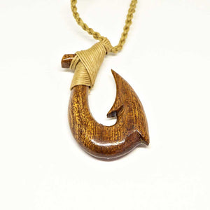 Handmade Hawaiian Koa Wood Fishhook Pendant Necklace