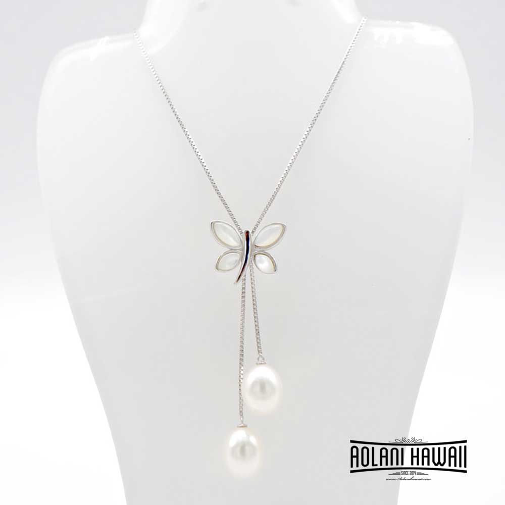 Butterfly Pearl Necklace Pendant with Sterling Silver Chain