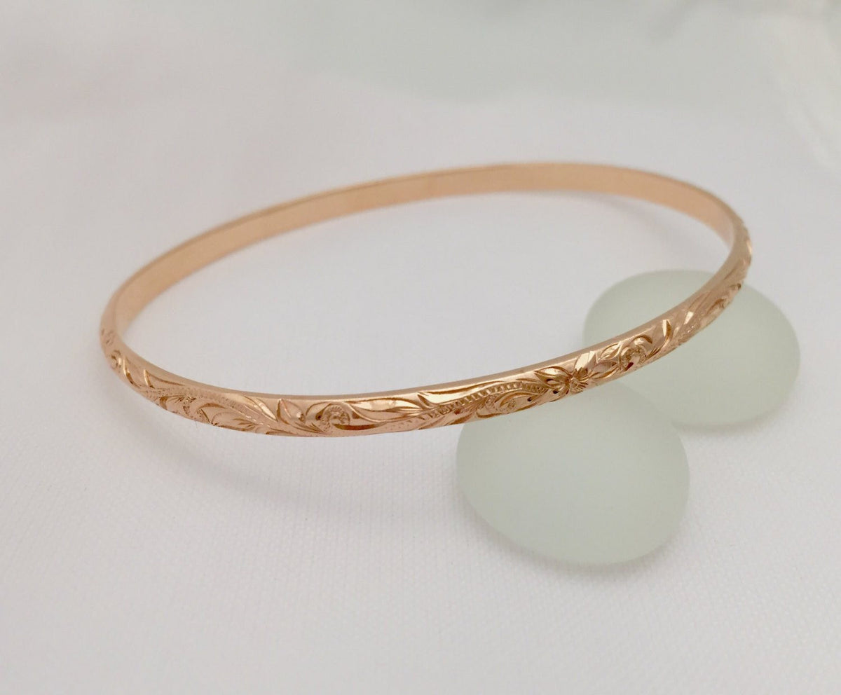 Traditional Hawaiian Hand Engraved 14k Gold Bracelet (3mm width