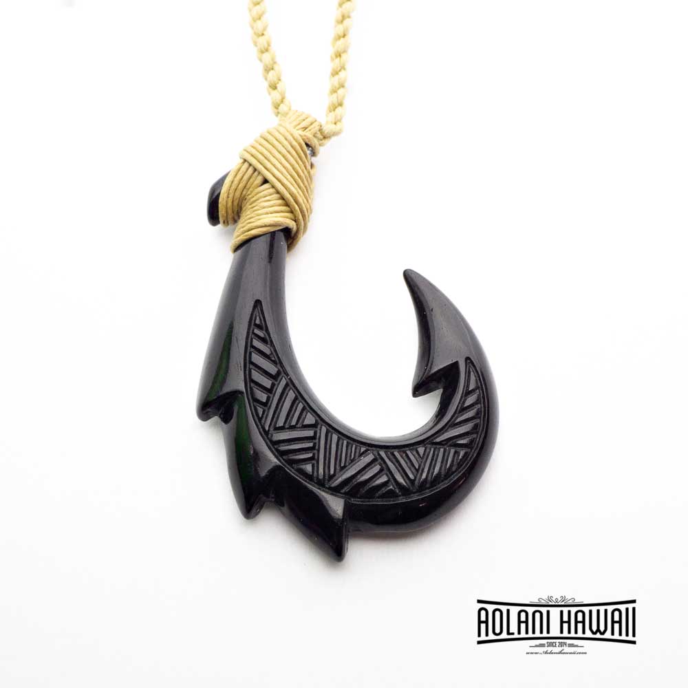 Handmade Hawaiian Black Buffalo Bone Fishhook Pendant Necklace 14 inch / Mountain