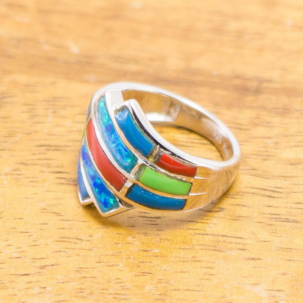 Rainbow Colored Stone Inlay Sterling Silver Ring – Aolani Hawaii