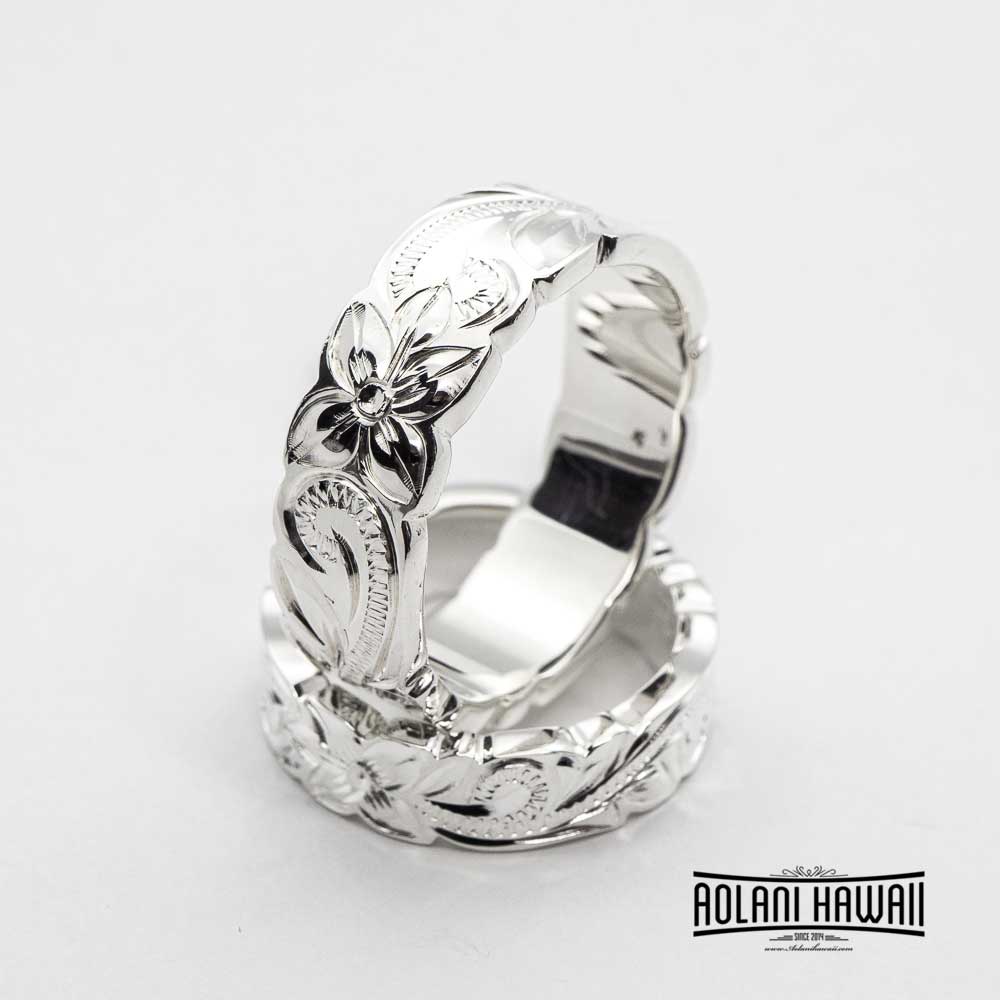 Set of Traditional Hawaiian Hand Engraved Sterling Silver Ring (6mm & 8mm width, Flat Style)