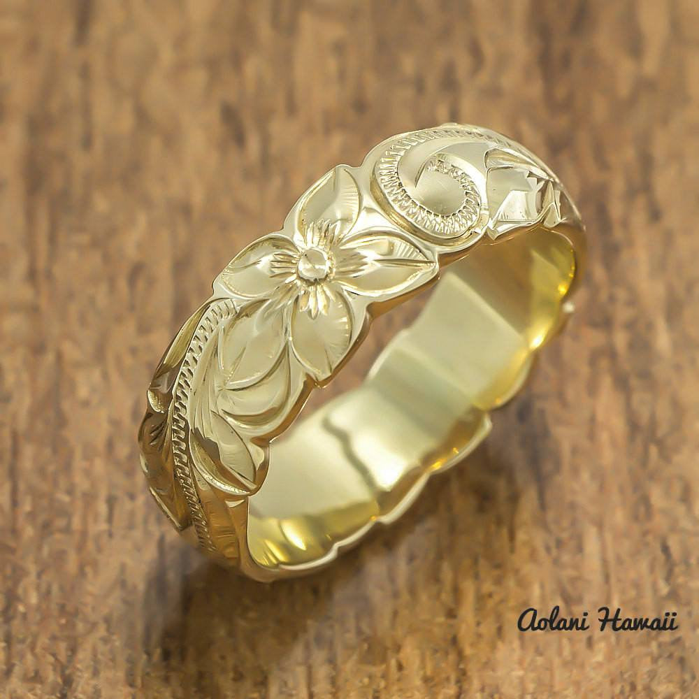 Gold wedding Ring Set of Traditional Hawaiian Hand Engraved 14k Yellow Gold Barrel Rings (4mm & 6mm width) - Aolani Hawaii - 2