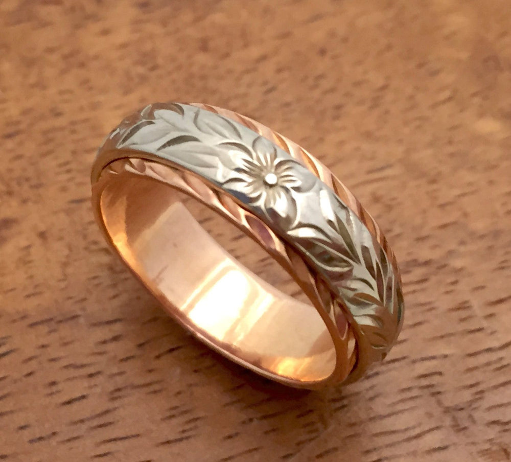 Traditional Hawaiian Hand Engraved 14k Two Tone Gold Ring 6mm x 4mm (Barrel style) - Aolani Hawaii - 3