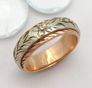 Traditional Hawaiian Hand Engraved 14k Two Tone Gold Ring 6mm x 4mm (Barrel style) - Aolani Hawaii - 2