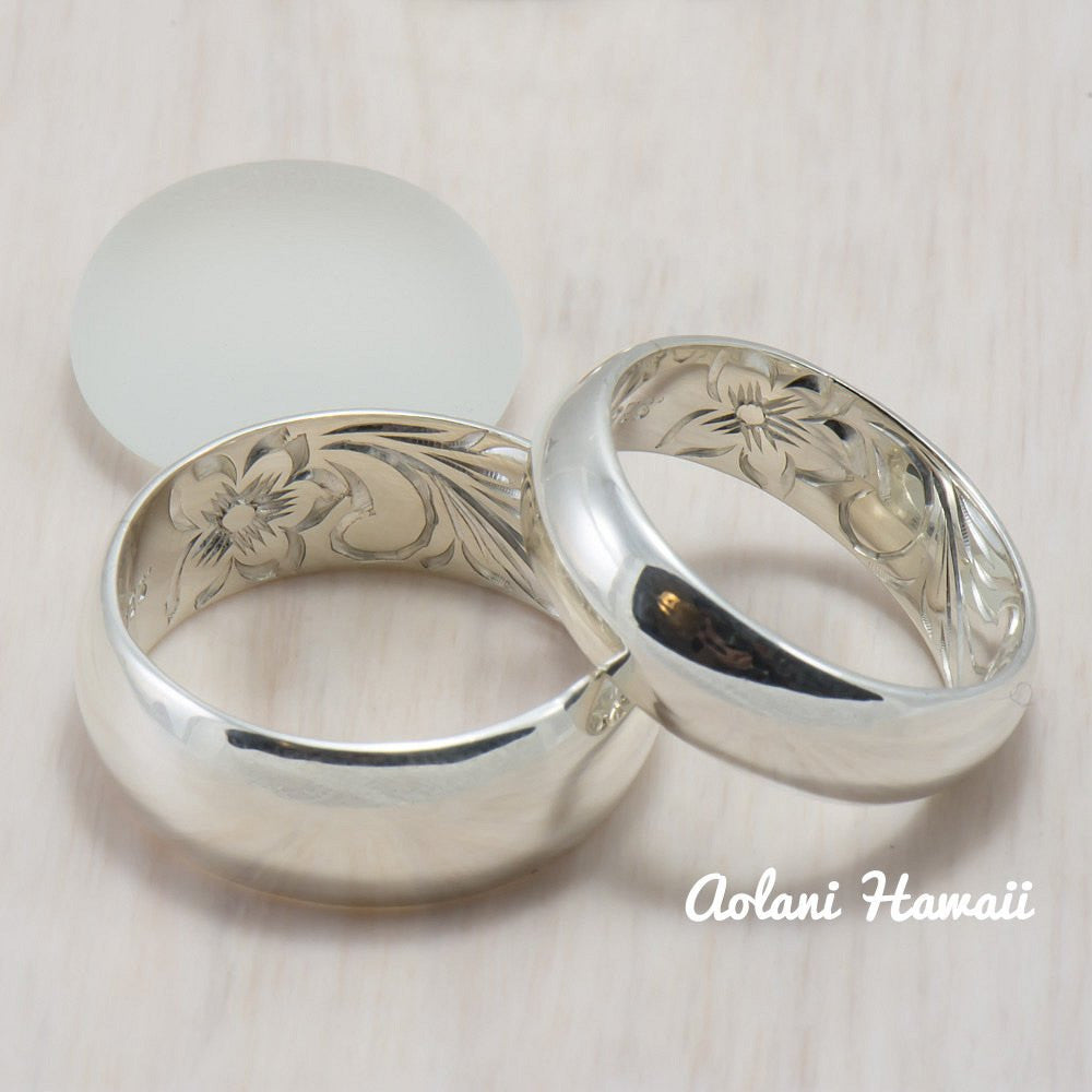 Set of Traditional Hawaiian Hand Engraved Sterling Silver Barrel Rings (6mm & 8mm width) - Aolani Hawaii - 1