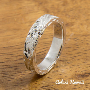 Silver Wedding Ring Set of Traditional Hawaiian Hand Engraved Sterling Silver Flat Rings (4mm & 6mm width) - Aolani Hawaii - 3