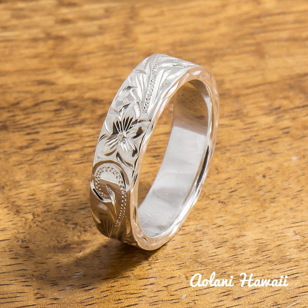 Silver Wedding Ring Set of Traditional Hawaiian Hand Engraved Sterling Silver Flat Rings (4mm & 6mm width) - Aolani Hawaii - 2