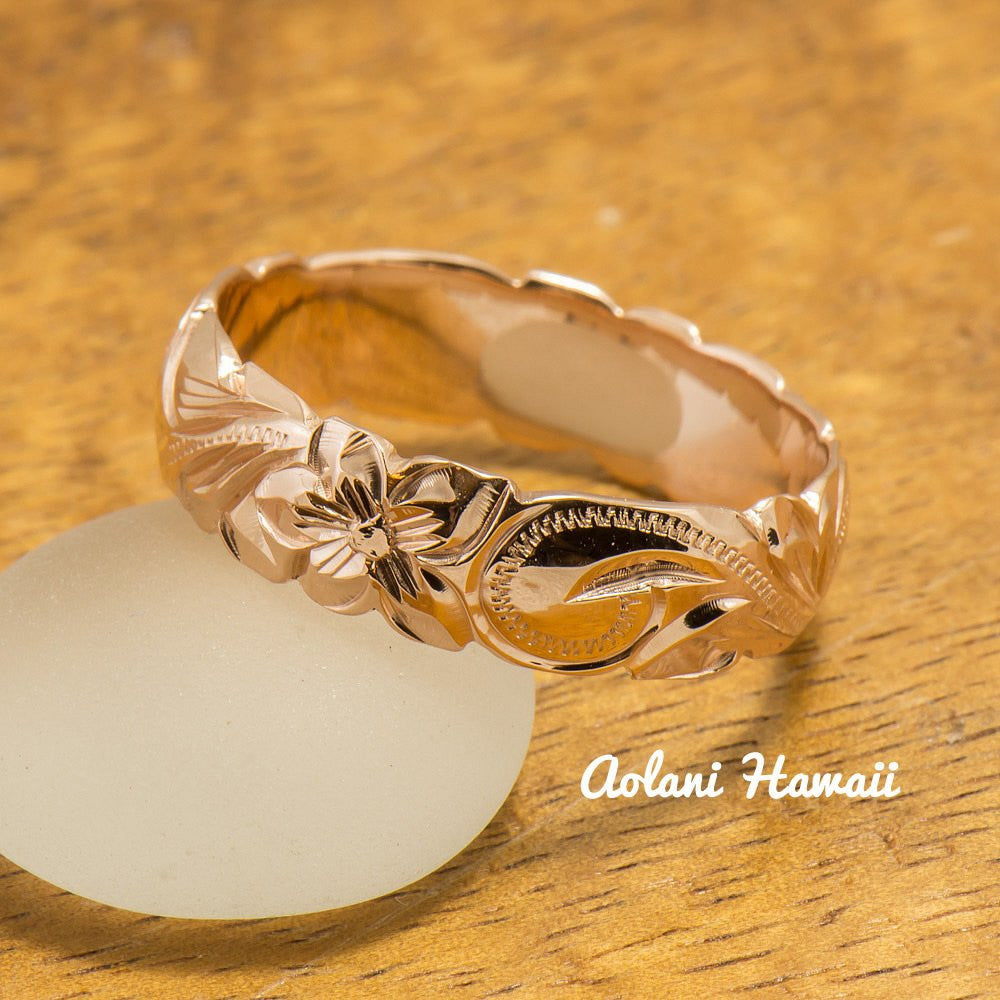 Gold wedding Ring Set of Traditional Hawaiian Hand Engraved 14k Pink Gold Barrel Rings (4mm & 6mm width) - Aolani Hawaii - 4