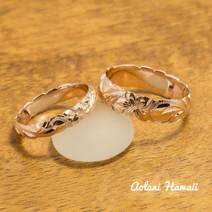 Gold wedding Ring Set of Traditional Hawaiian Hand Engraved 14k Pink Gold Barrel Rings (4mm & 6mm width) - Aolani Hawaii - 2