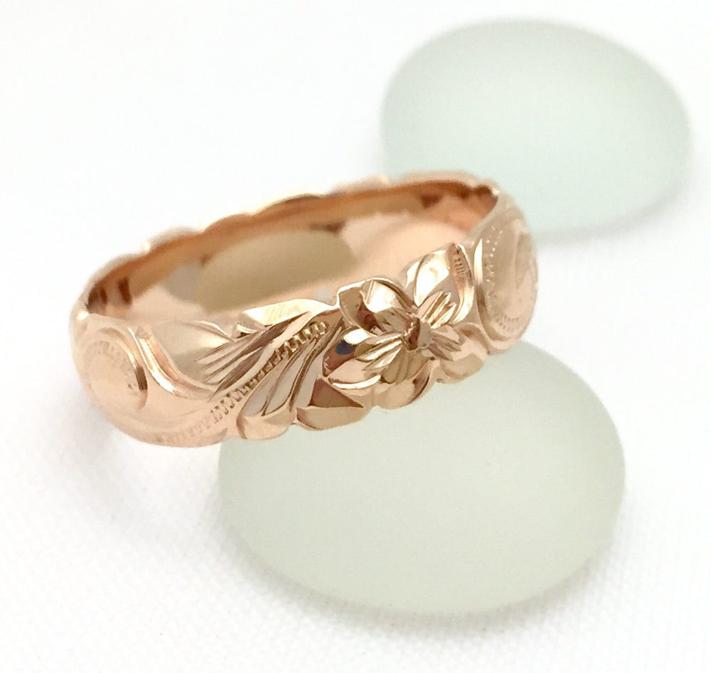 Gold wedding Ring Set of Traditional Hawaiian Hand Engraved 14k Pink Gold Barrel Rings (4mm & 6mm width) - Aolani Hawaii - 3