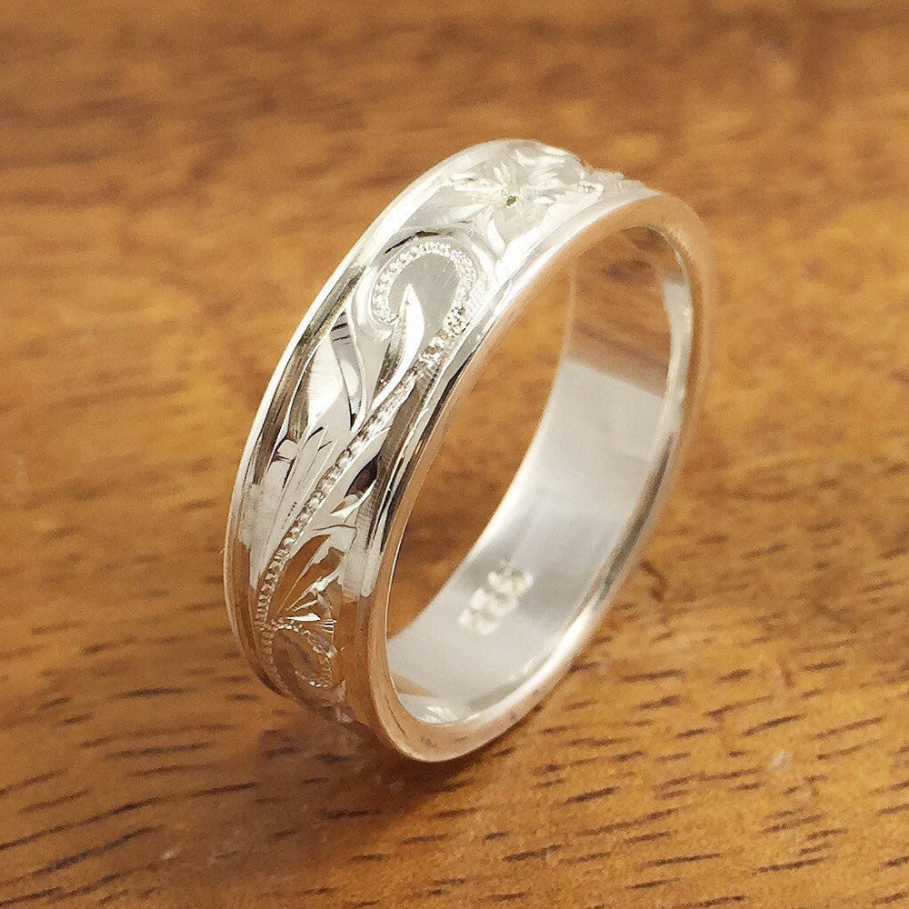 Silver Wedding Ring Set of Traditional Hawaiian Hand Engraved Sterling Silver Flat Rings (8mm & 6mm width) - Aolani Hawaii - 3