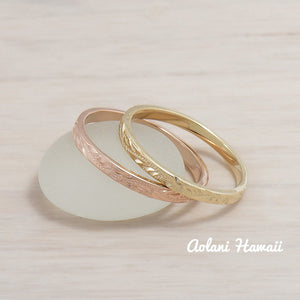 14k Gold Hand Engraved Wedding Rings (2mm width, Flat style) - Aolani Hawaii - 1