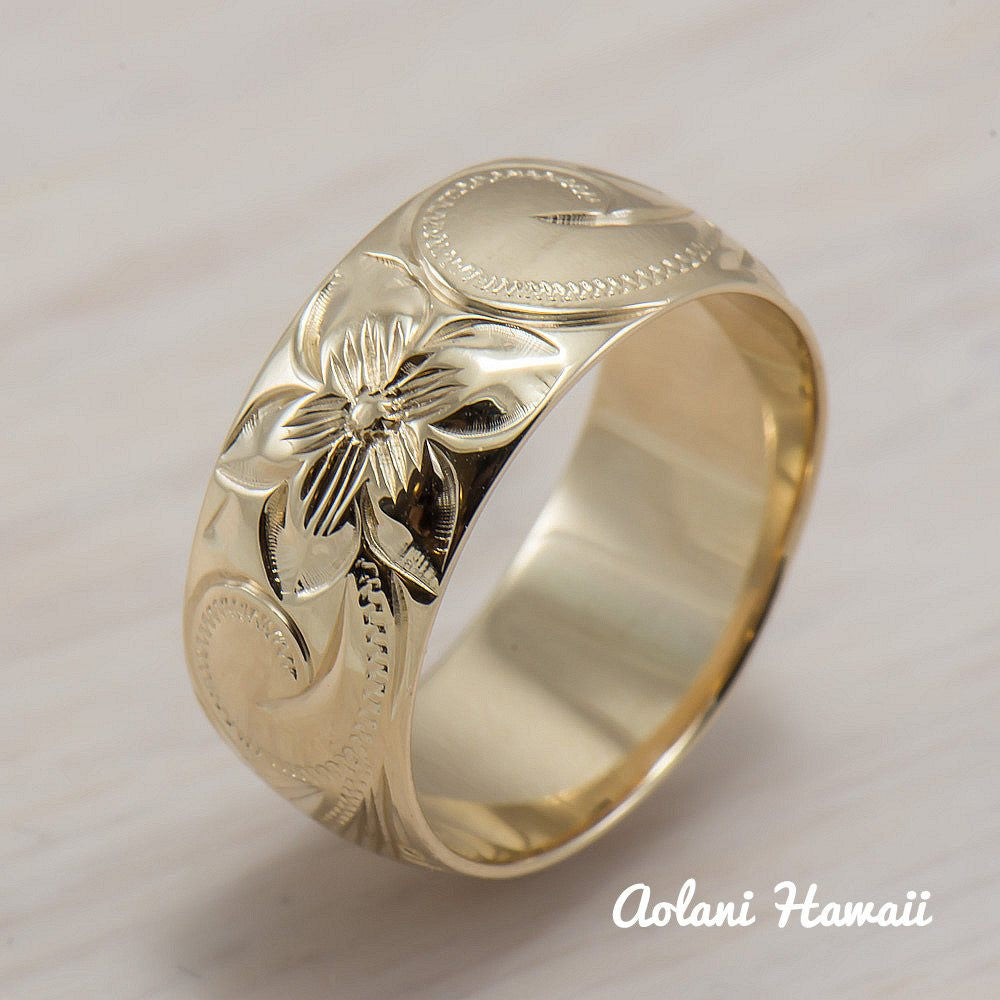 14K Gold traditional Hawaiian Hand Engraved Ring 8mm Width Barrel
