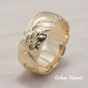 Hawaiian Ring - Hand Engraved 14k White & Pink Rose Gold Barrel Ring (8mm width, Barrel style) - Aolani Hawaii - 3